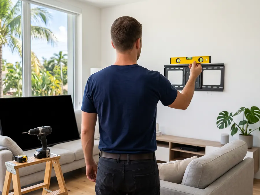 Nivel sobre un soporte de TV en la pared